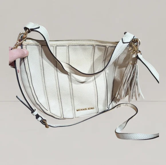 Michael Michael Kors Pebbled Leather Hobo Bag White Gold Tassel Crossbody - Picture 2 of 11